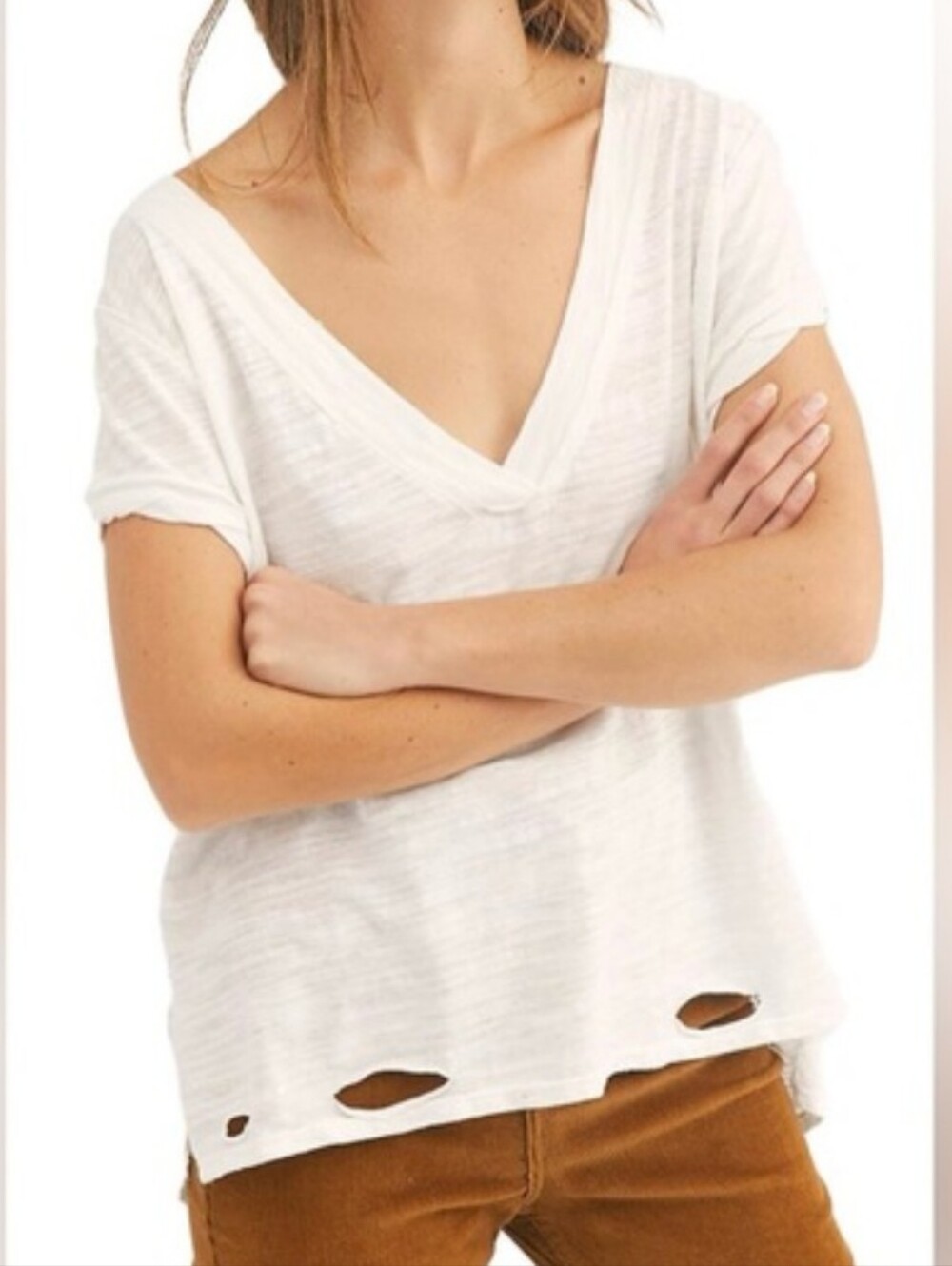 We The Free Free People Lemon Light Distressed Slub V-Neck Tee